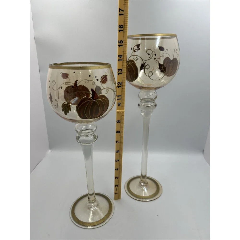 Hand Painted Pumpkin Glass Hurricane Candle Holders Fall Decor 14” 16” Set 2